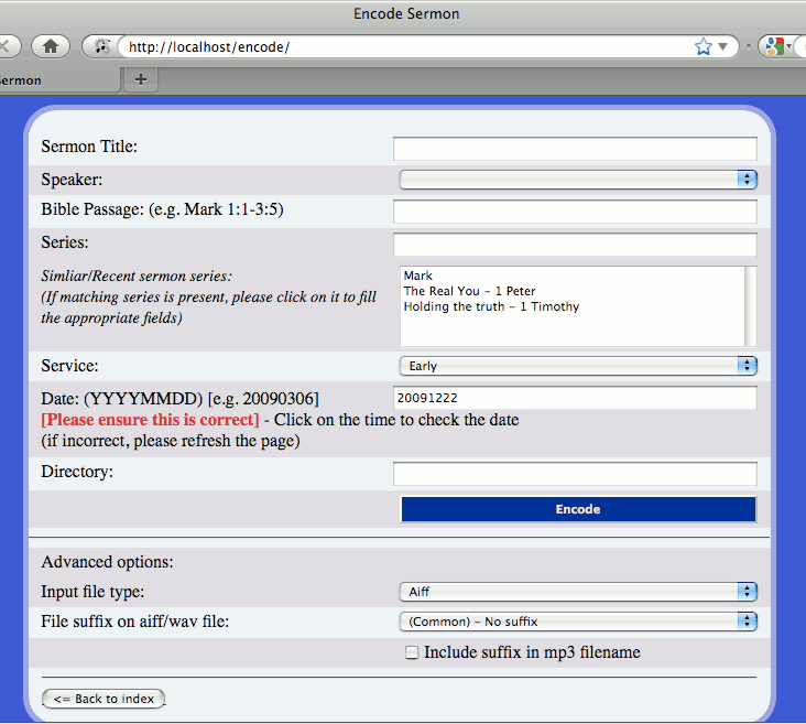 The main screen of the sermons encoder