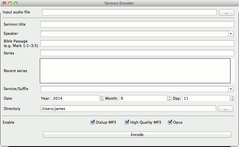 The main screen of the sermons encoder